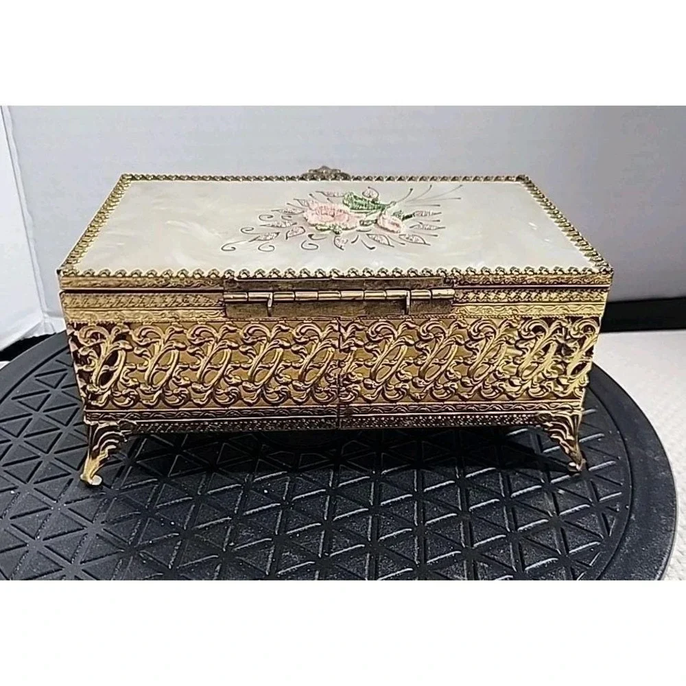 Vintage Art Nouveau Pearl Top Floral Jewelry Trinket Casket Box Filigree